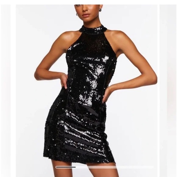 NWT Forever 21 sequin mini dress Size S black high neck sleeveless - Picture 1 of 13